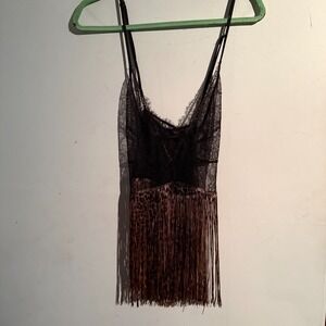 Victoria's Secret Large Lace Babydoll Slip Black Fringe Leopard